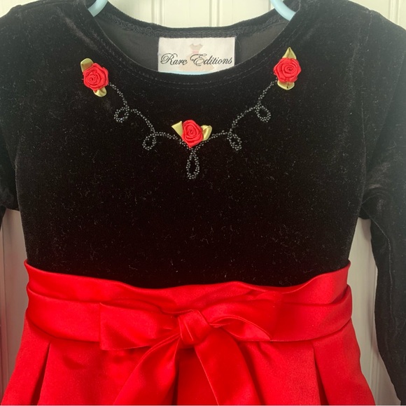 Rare Editions Black Velvet Dress with Red Bottom Skirt w/little rosebud Accents - Picture 2 of 7